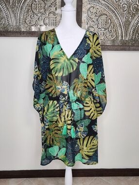 Rise & Bloom Tropical Leaf V-Neck Tunic Dress Cover-up Med Vacation Resortwear